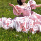 Adorable V Neck Lace Bows Prom Dress Pink Short Sleeve A-Line Evening Dress C9913