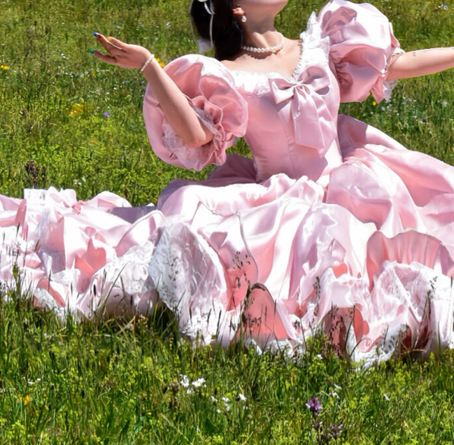 Adorable V Neck Lace Bows Prom Dress Pink Short Sleeve A-Line Evening Dress C9913