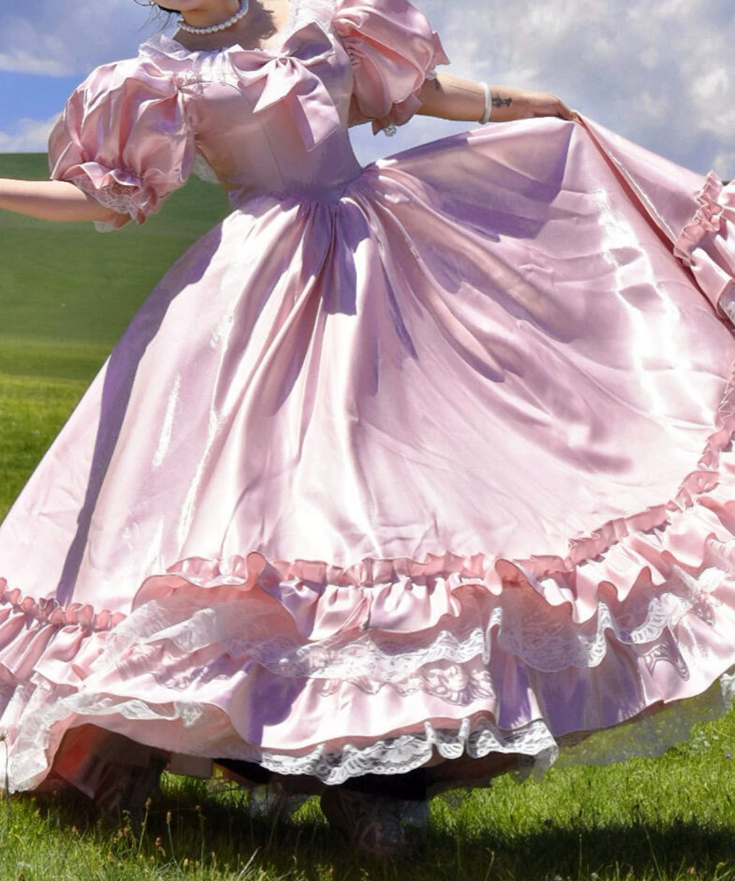 Adorable V Neck Lace Bows Prom Dress Pink Short Sleeve A-Line Evening Dress C9913