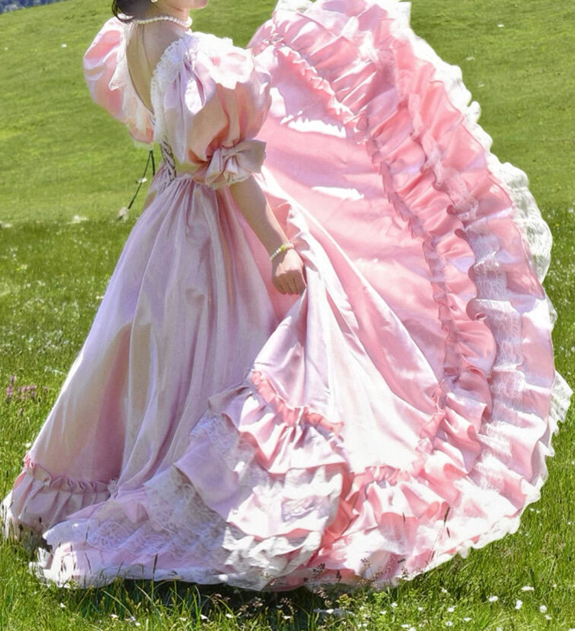 Adorable V Neck Lace Bows Prom Dress Pink Short Sleeve A-Line Evening Dress C9913