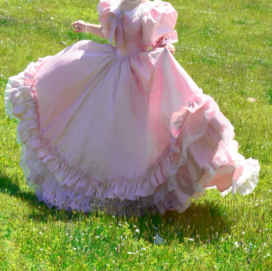 Adorable V Neck Lace Bows Prom Dress Pink Short Sleeve A-Line Evening Dress C9913