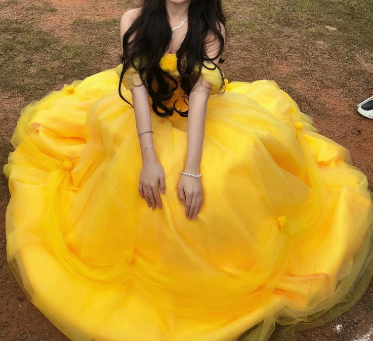 Romantic Off-Shoulder Yellow Prom Dress Sequins Tulle A-Line Evening Dress C9915