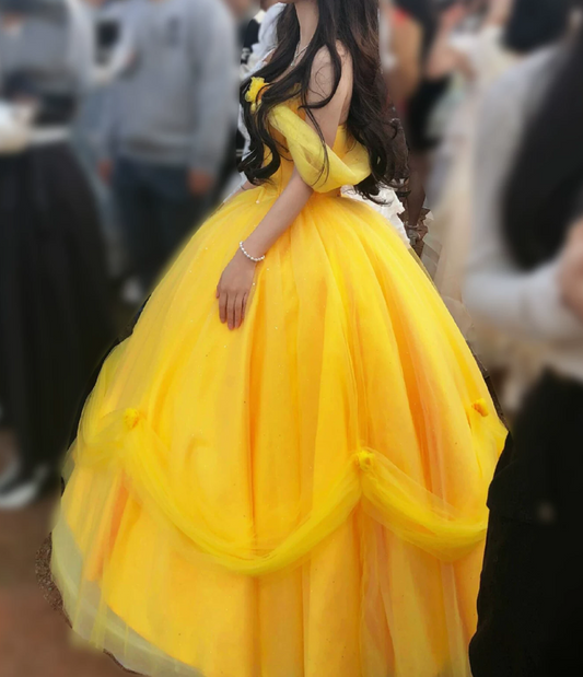 Romantic Off-Shoulder Yellow Prom Dress Sequins Tulle A-Line Evening Dress C9915