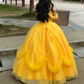 Romantic Off-Shoulder Yellow Prom Dress Sequins Tulle A-Line Evening Dress C9915
