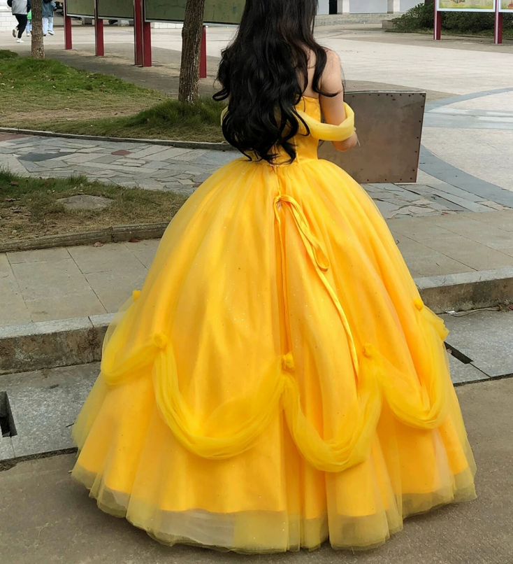 Romantic Off-Shoulder Yellow Prom Dress Sequins Tulle A-Line Evening Dress C9915