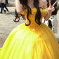 Romantic Off-Shoulder Yellow Prom Dress Sequins Tulle A-Line Evening Dress C9915