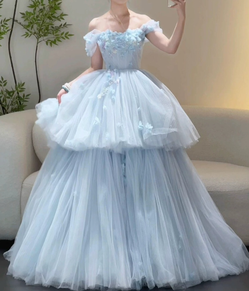 Gorgeous Off-Shoulder Blue Prom Dress Appliques Tulle A-Line Evening Dress C9917