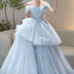 Gorgeous Off-Shoulder Blue Prom Dress Appliques Tulle A-Line Evening Dress C9917