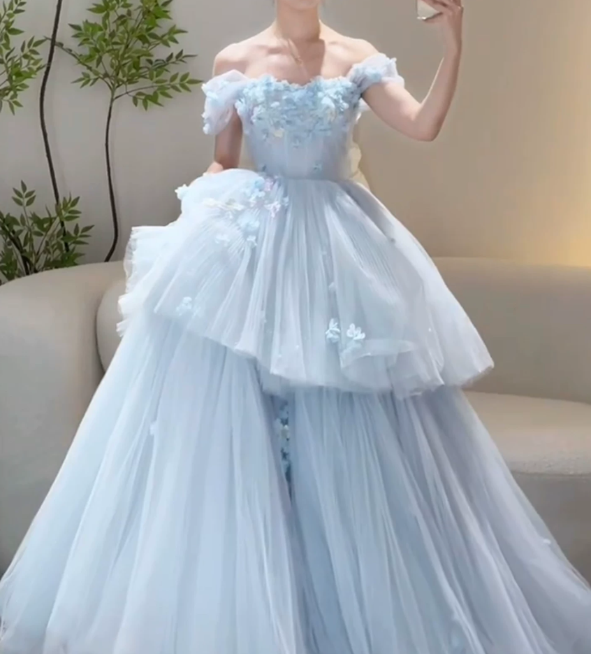 Gorgeous Off-Shoulder Blue Prom Dress Appliques Tulle A-Line Evening Dress C9917