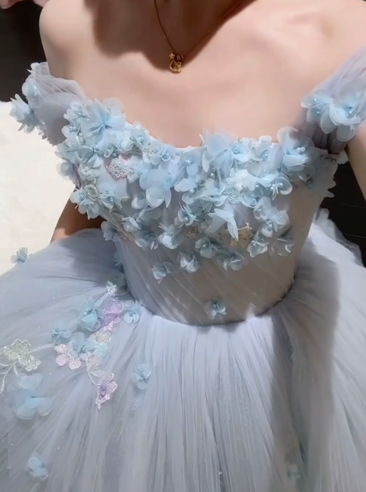 Gorgeous Off-Shoulder Blue Prom Dress Appliques Tulle A-Line Evening Dress C9917