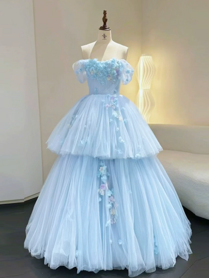 Gorgeous Off-Shoulder Blue Prom Dress Appliques Tulle A-Line Evening Dress C9917
