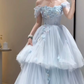 Gorgeous Off-Shoulder Blue Prom Dress Appliques Tulle A-Line Evening Dress C9917