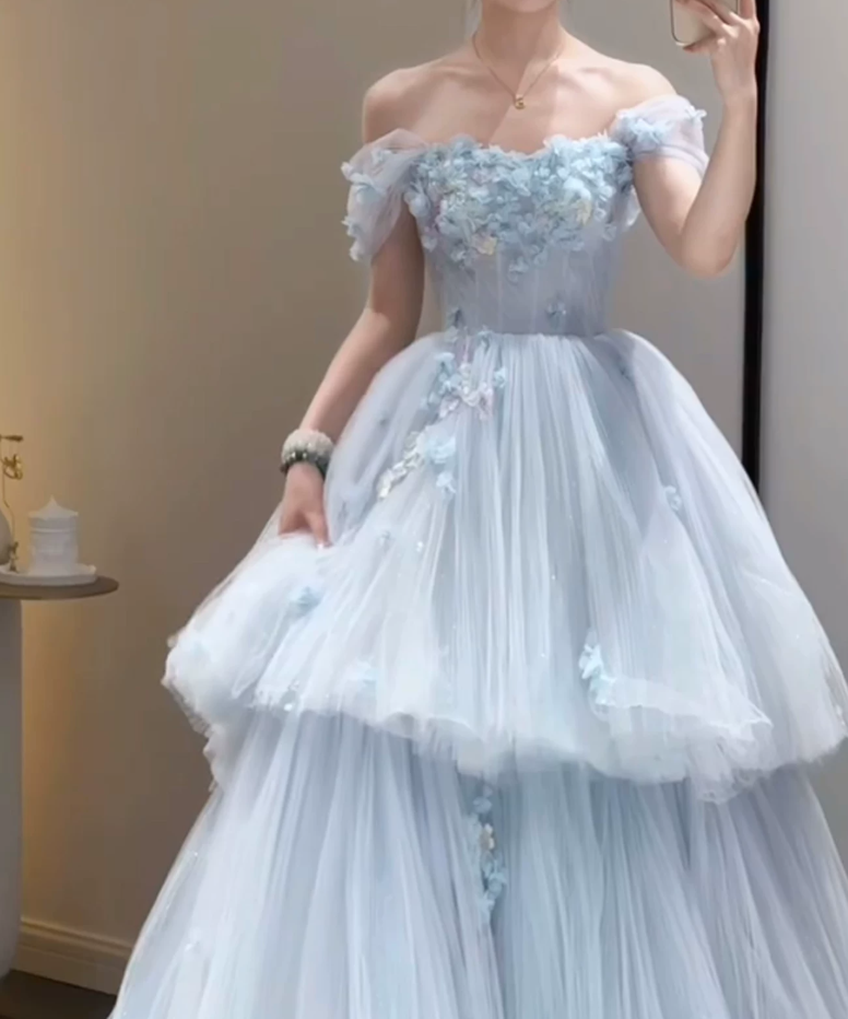 Gorgeous Off-Shoulder Blue Prom Dress Appliques Tulle A-Line Evening Dress C9917