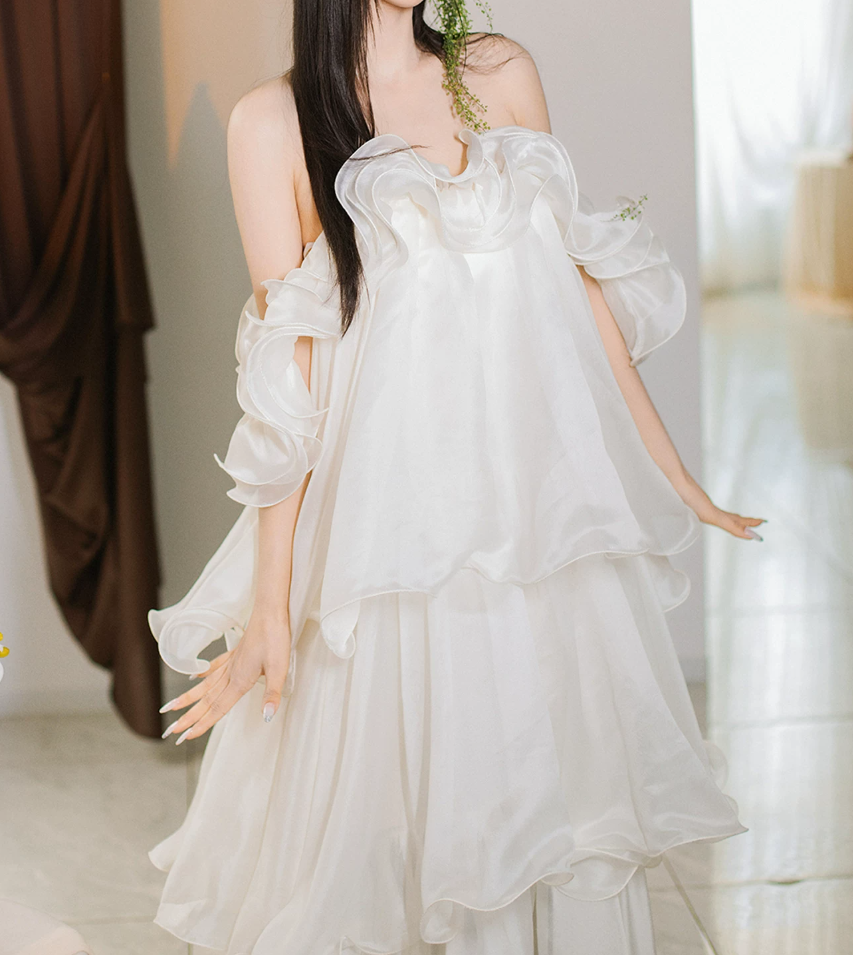 Chic Off-Shoulder Wedding Dresses Tiered Ruffles A-Line Bridal Dress C9918