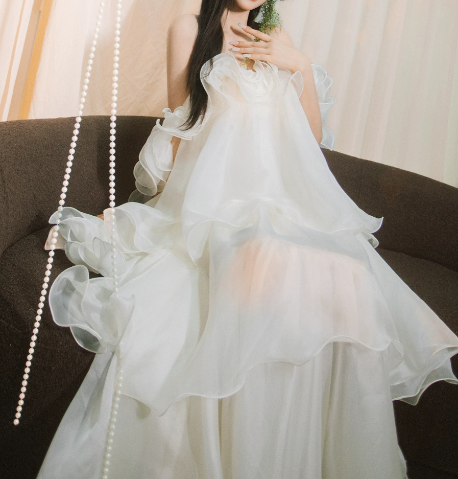 Chic Off-Shoulder Wedding Dresses Tiered Ruffles A-Line Bridal Dress C9918