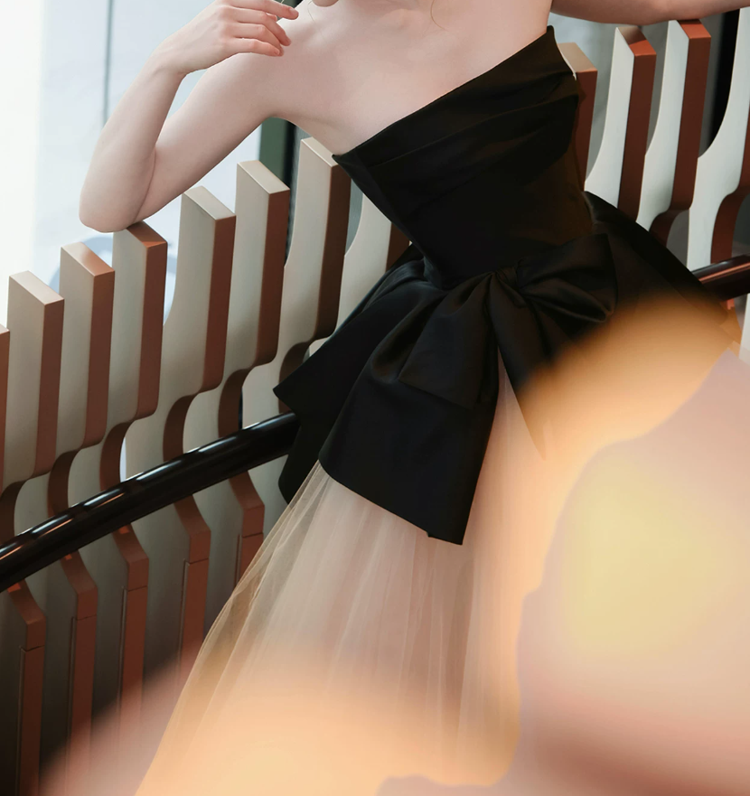 Vintage Strapless Black & Pink Prom Dress Tulle A-Line Evening Dress C9919
