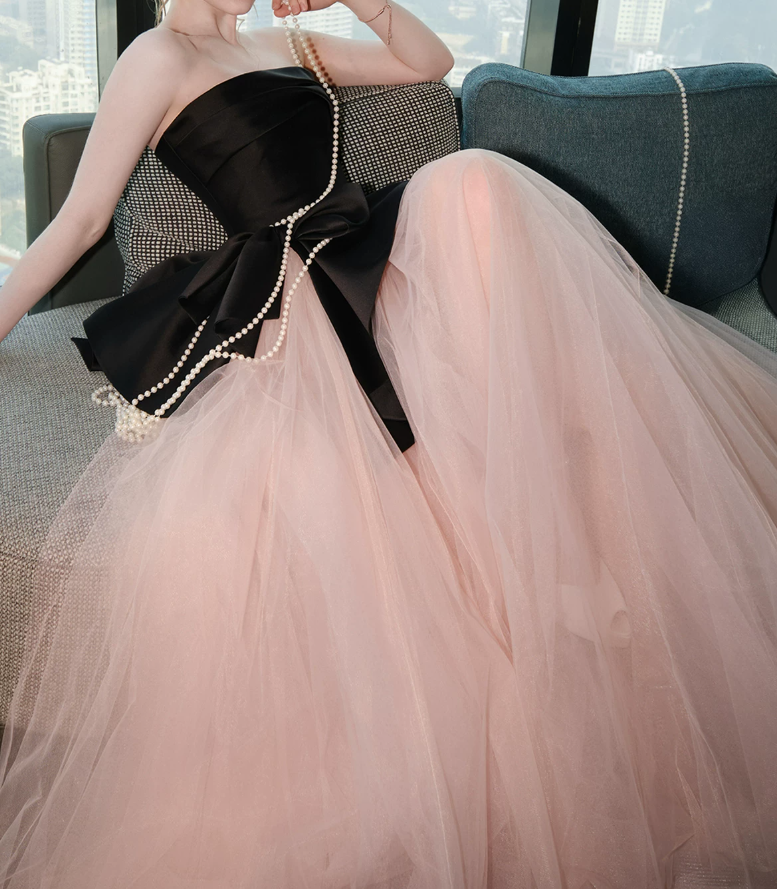 Vintage Strapless Black & Pink Prom Dress Tulle A-Line Evening Dress C9919