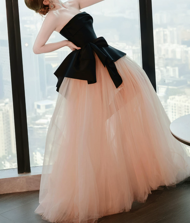 Vintage Strapless Black & Pink Prom Dress Tulle A-Line Evening Dress C9919