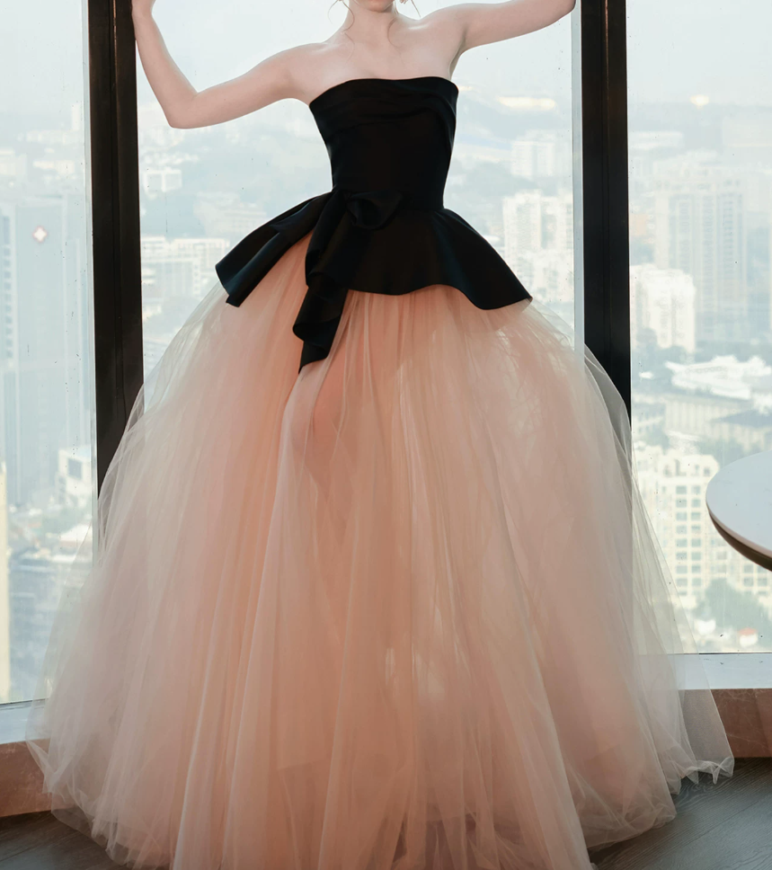 Vintage Strapless Black & Pink Prom Dress Tulle A-Line Evening Dress C9919