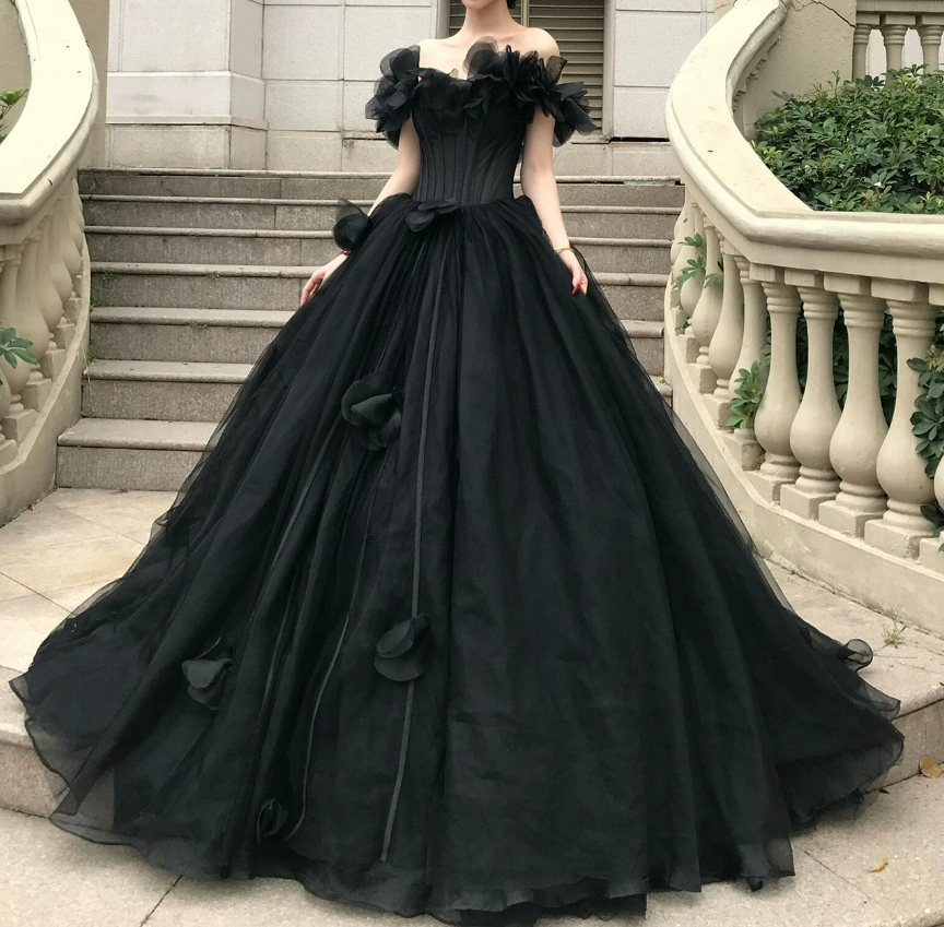Playful Off-Shoulder Appliques Prom Dress Black Tulle A-Line Evening Dress C9920