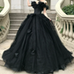 Playful Off-Shoulder Appliques Prom Dress Black Tulle A-Line Evening Dress C9920