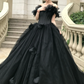 Playful Off-Shoulder Appliques Prom Dress Black Tulle A-Line Evening Dress C9920