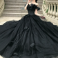 Playful Off-Shoulder Appliques Prom Dress Black Tulle A-Line Evening Dress C9920