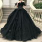 Playful Off-Shoulder Appliques Prom Dress Black Tulle A-Line Evening Dress C9920