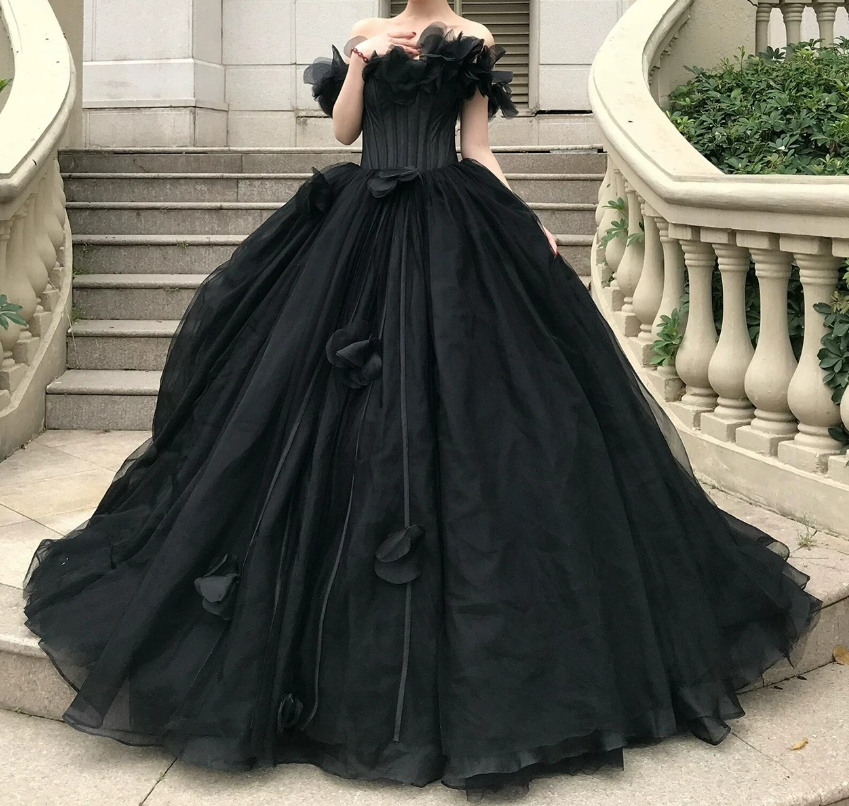 Playful Off-Shoulder Appliques Prom Dress Black Tulle A-Line Evening Dress C9920