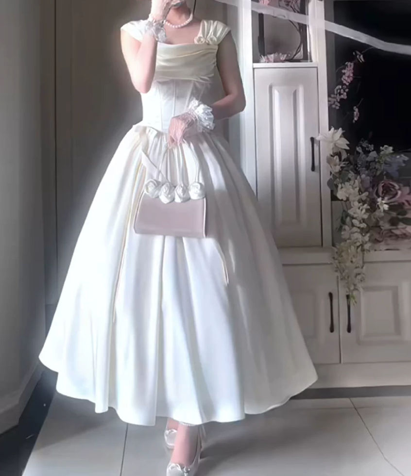 Graceful Off-Shoulder Satin Prom Dress White A-Line Evening Dress C9921