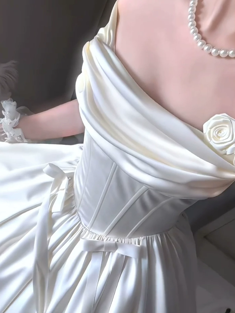 Graceful Off-Shoulder Satin Prom Dress White A-Line Evening Dress C9921
