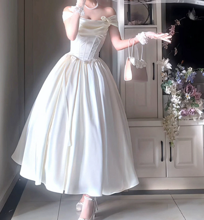 Graceful Off-Shoulder Satin Prom Dress White A-Line Evening Dress C9921