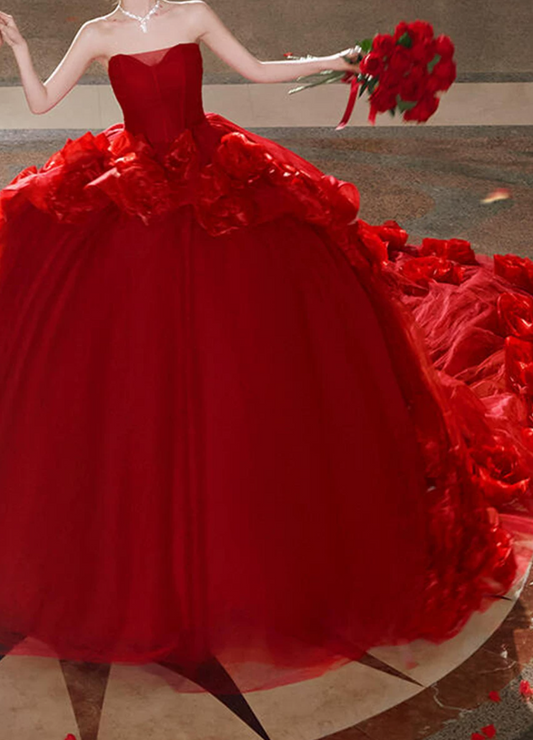 Charming Strapless Red Prom Dress Handmade Flowers Tulle A-Line Evening Dress C9922