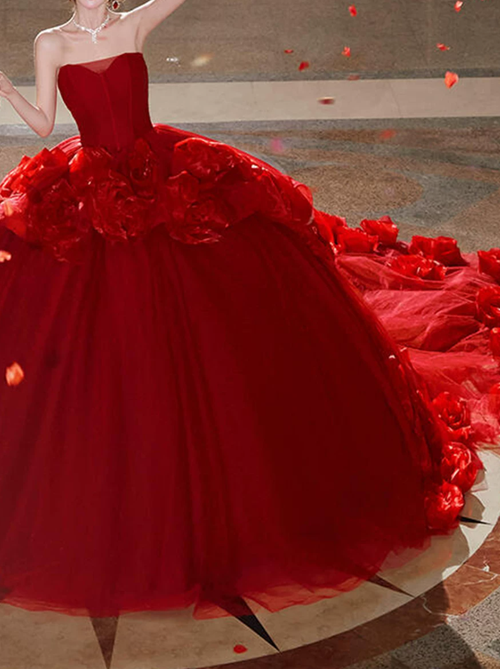Robe de bal de princesse bustier à volants en satin long, robe de soirée C8117