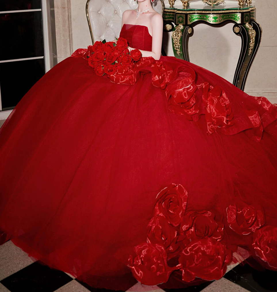 Robe de bal de princesse bustier à volants en satin long, robe de soirée C8117