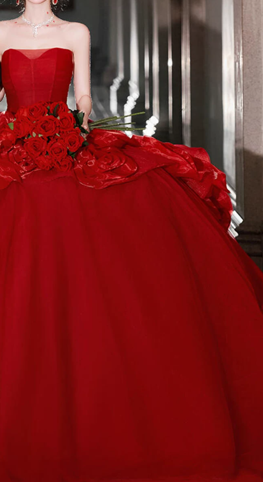 Robe de bal de princesse bustier à volants en satin long, robe de soirée C8117