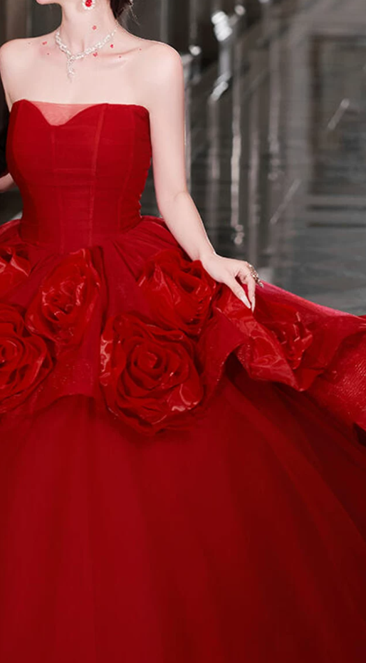 Robe de bal de princesse bustier à volants en satin long, robe de soirée C8117