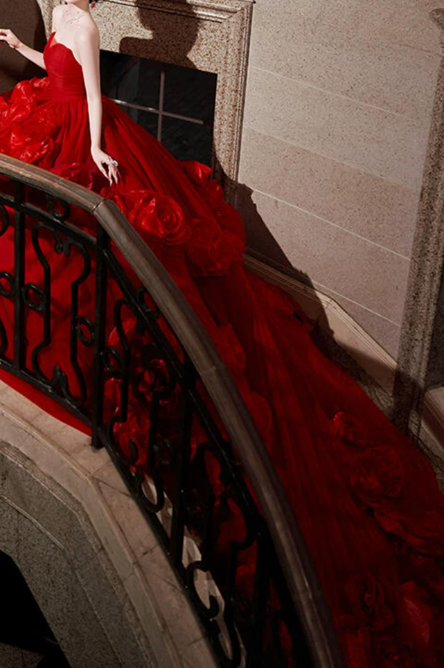 Robe de bal de princesse bustier à volants en satin long, robe de soirée C8117