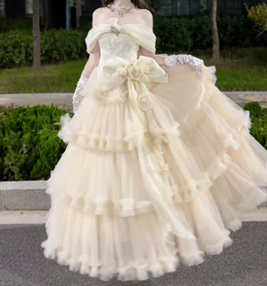 Sleek Off-Shoulder Ivory Prom Dress Bow Tulle Tiered A-Line Evening Dress C9928