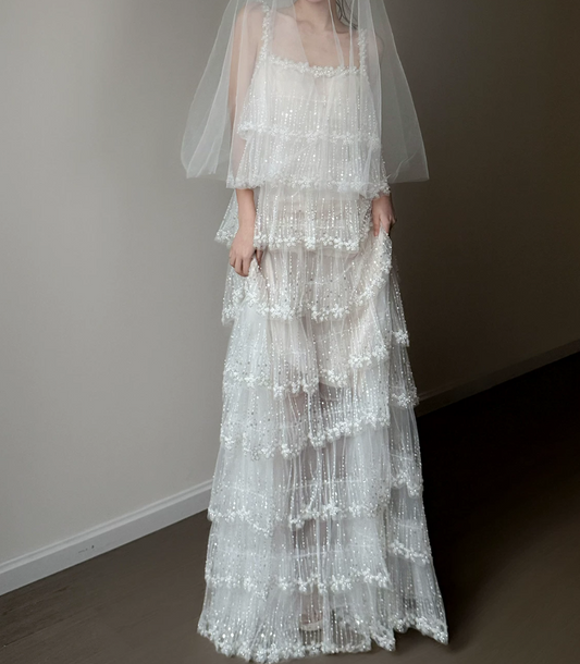 Unique Spaghetti Straps White Prom Dress Sequins Tulle Tiered A-Line Evening Dress C9929
