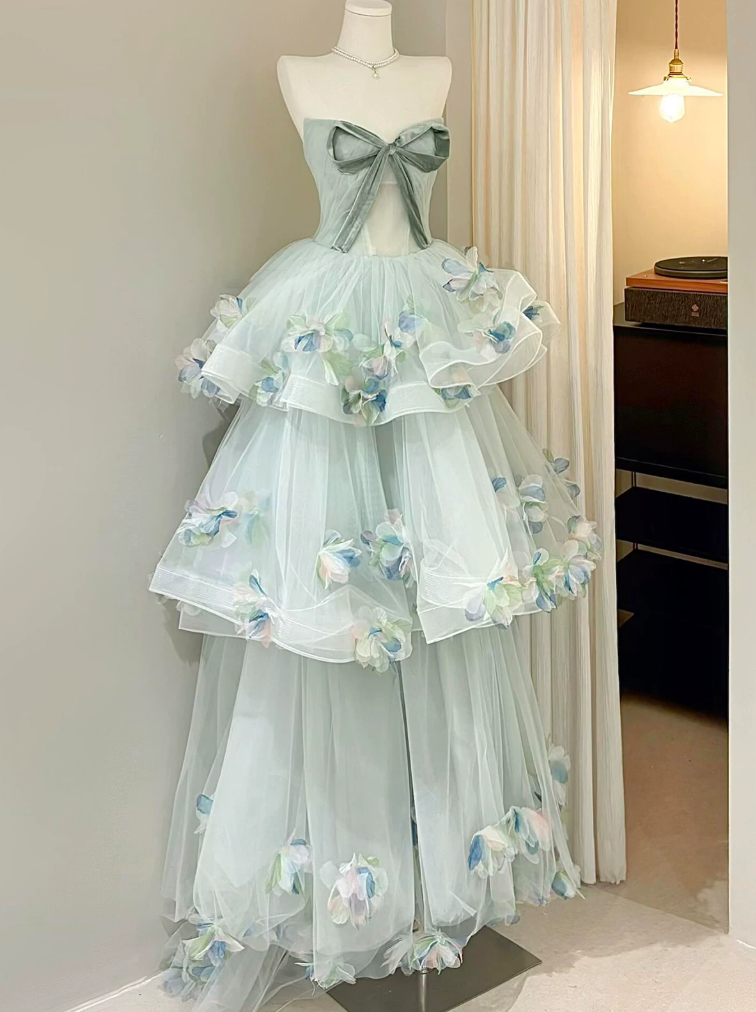 Ornate Strapless Green Prom Dress Appliques Tiered A-Line Evening Dress C9930