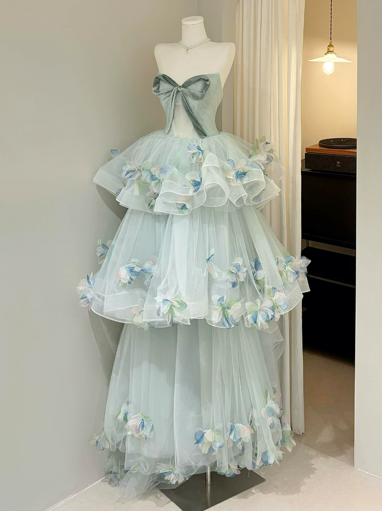 Ornate Strapless Green Prom Dress Appliques Tiered A-Line Evening Dress C9930
