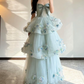Ornate Strapless Green Prom Dress Appliques Tiered A-Line Evening Dress C9930