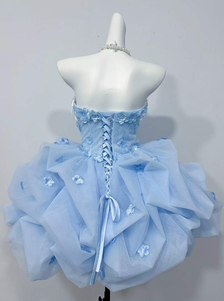 Elegant Strapless Blue Homecoming Dress Appliques A-Line Birthday Dress C9931