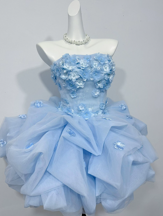 Elegant Strapless Blue Homecoming Dress Appliques A-Line Birthday Dress C9931