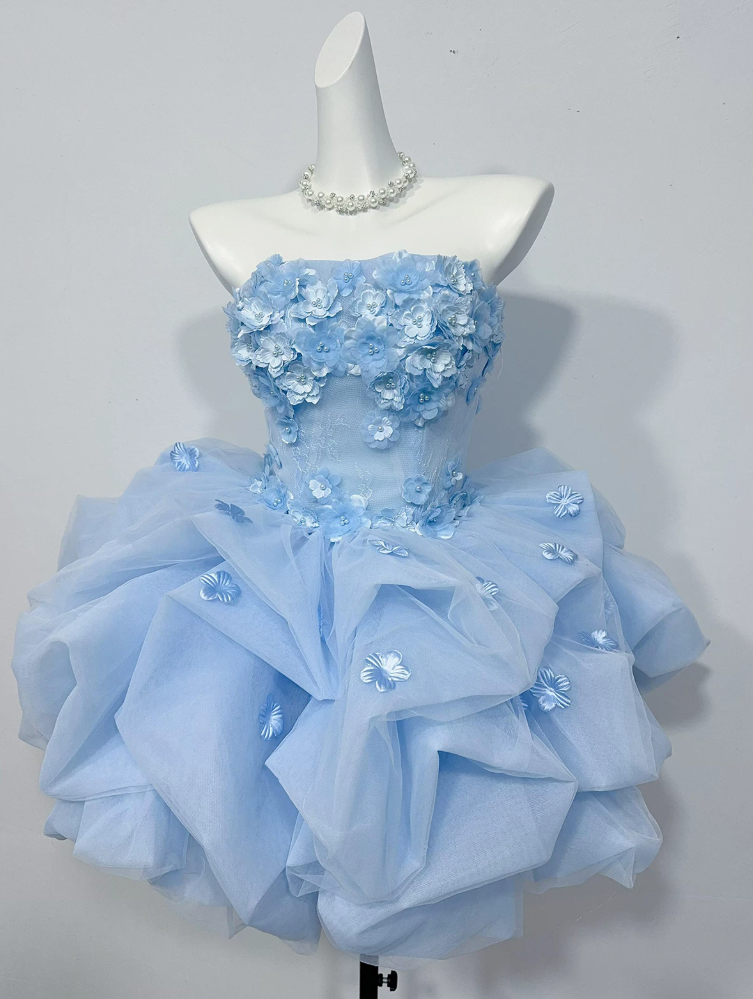 Elegant Strapless Blue Homecoming Dress Appliques A-Line Birthday Dress C9931