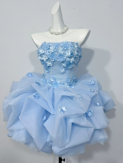 Elegant Strapless Blue Homecoming Dress Appliques A-Line Birthday Dress C9931