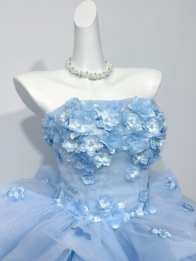 Elegant Strapless Blue Homecoming Dress Appliques A-Line Birthday Dress C9931