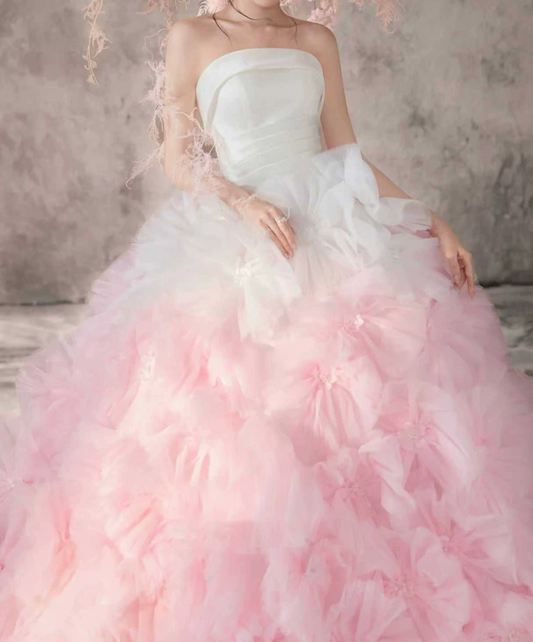 Glam Strapless Pink Prom Dress Handmade Flowers A-Line Evening Dress C9932