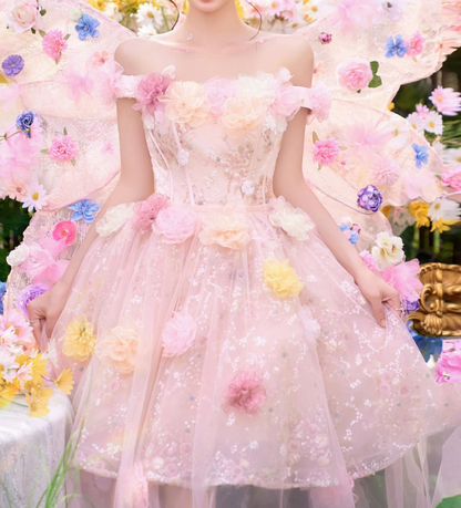 Sweet Off-Shoulder Pink Homecoming Dress Appliques Sequins A-Line Birthday Dress C9933